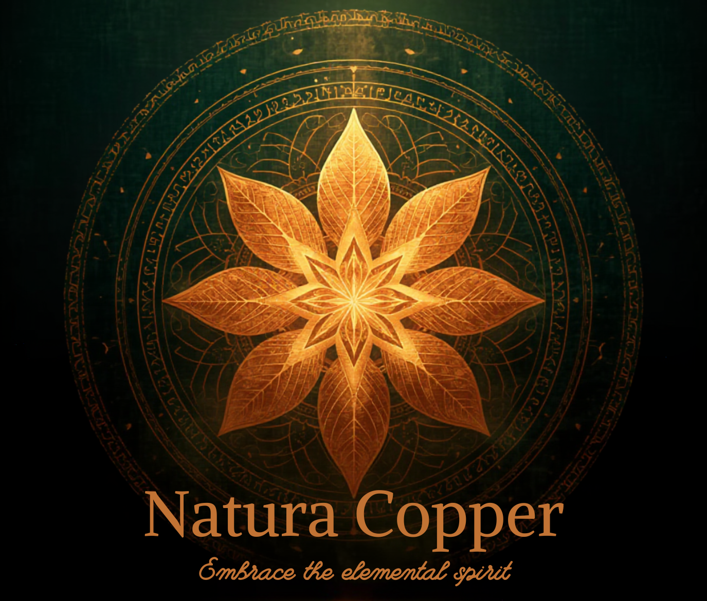 Decorative design with a glowing leaf-like symbol and 'Natura Copper' text on a dark background